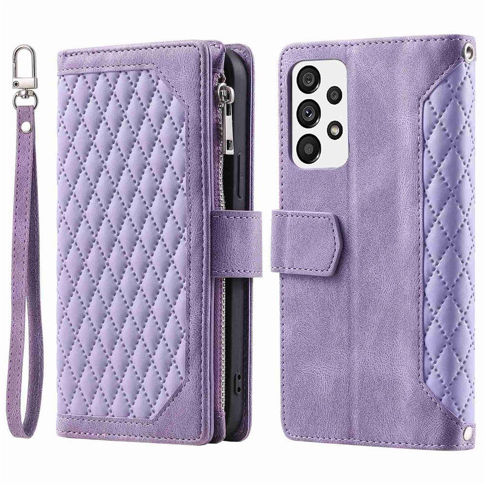 005 Stil til Samsung Galaxy A73 5G Rhombus Tekstur Smartphone Cover PU Læder Lynlås Lomme Stand Pung Stødsikkert Etui med Rem