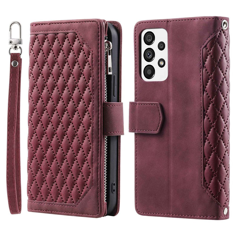 005 Stil til Samsung Galaxy A73 5G Rhombus Tekstur Smartphone Cover PU Læder Lynlås Lomme Stand Pung Stødsikkert Etui med Rem
