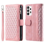 005 Stil til Samsung Galaxy A73 5G Rhombus Tekstur Smartphone Cover PU Læder Lynlås Lomme Stand Pung Stødsikkert Etui med Rem