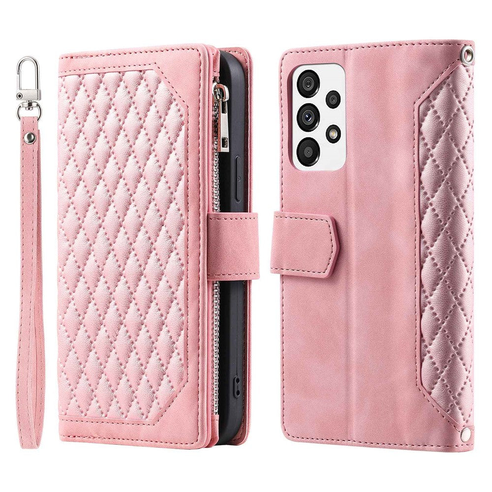 005 Stil til Samsung Galaxy A73 5G Rhombus Tekstur Smartphone Cover PU Læder Lynlås Lomme Stand Pung Stødsikkert Etui med Rem