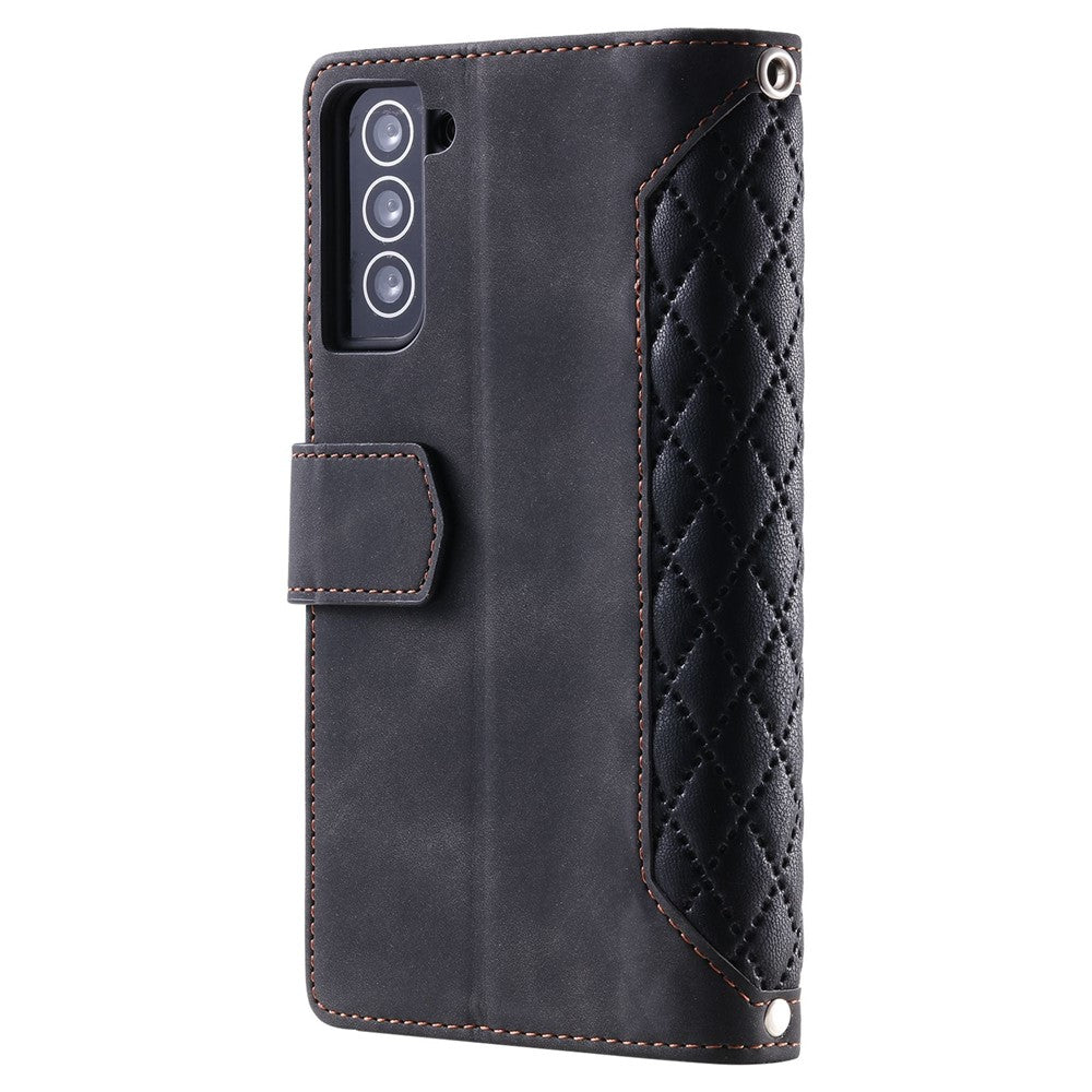 005 Style for Samsung Galaxy S22+ 5G Zipper Pocket Design PU Leather Phone Drop-proof Cover Rhombus Texture Stand Wallet Case with Strap