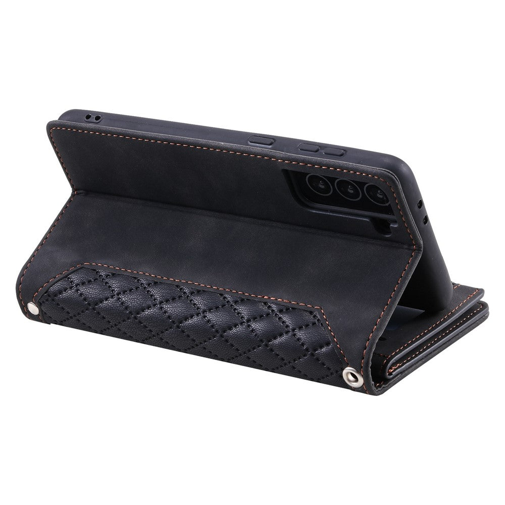 005 Style for Samsung Galaxy S22+ 5G Zipper Pocket Design PU Leather Phone Drop-proof Cover Rhombus Texture Stand Wallet Case with Strap