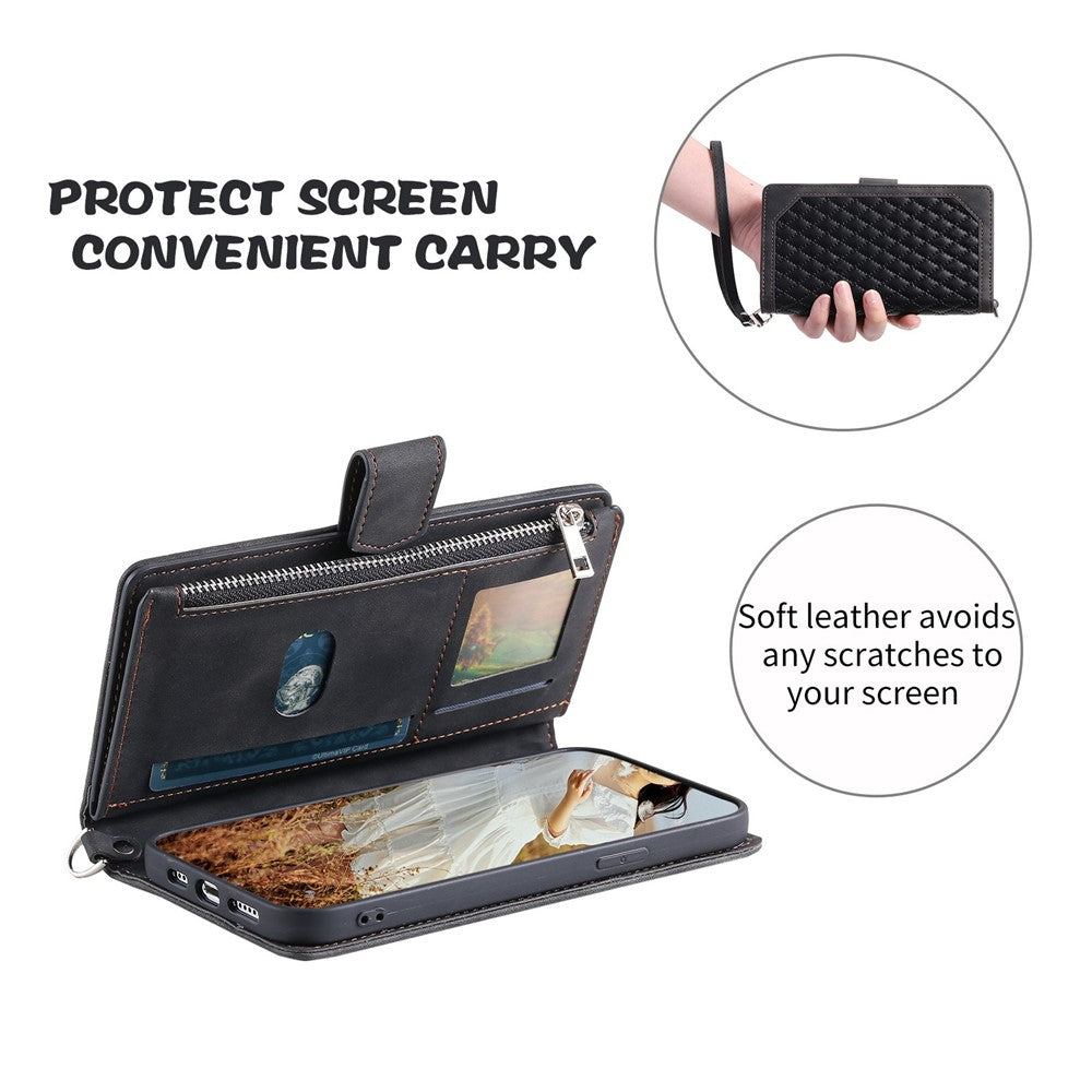 005 Style for Samsung Galaxy S22+ 5G Zipper Pocket Design PU Leather Phone Drop-proof Cover Rhombus Texture Stand Wallet Case with Strap