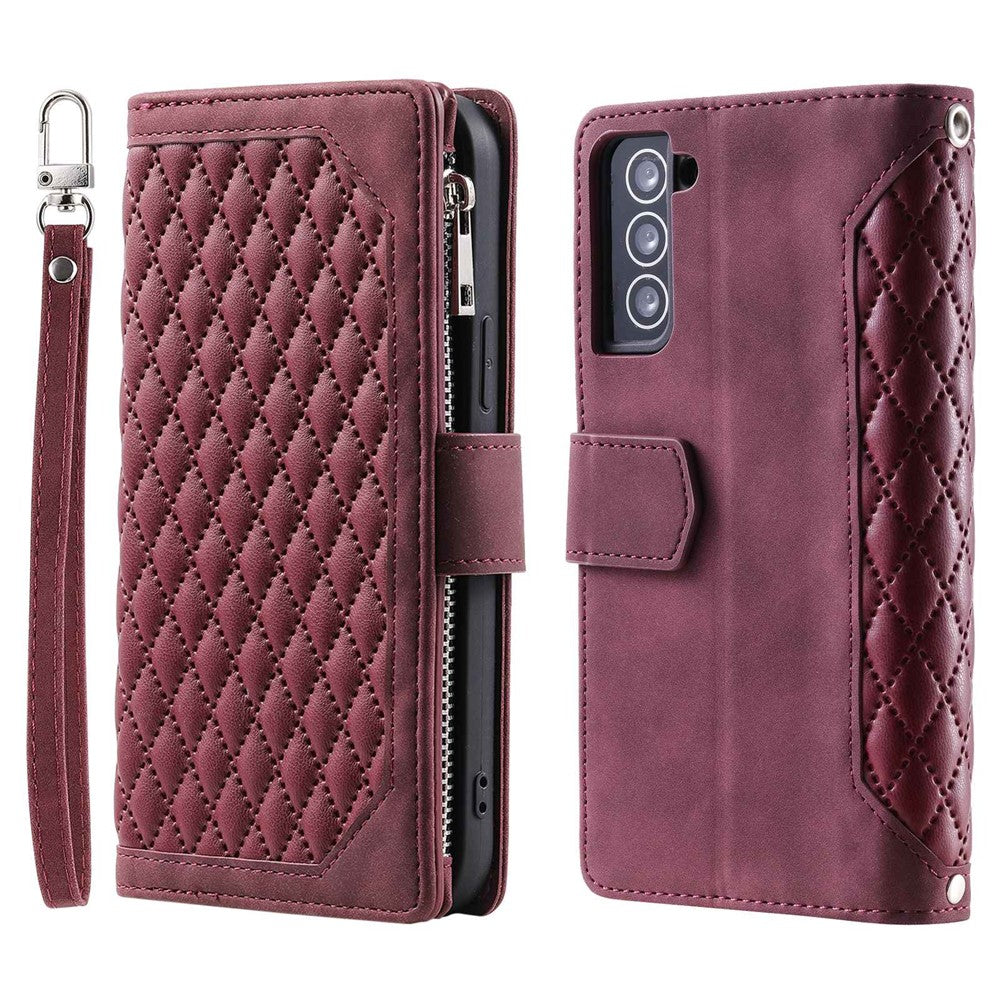 005 Style for Samsung Galaxy S22+ 5G Zipper Pocket Design PU Leather Phone Drop-proof Cover Rhombus Texture Stand Wallet Case with Strap