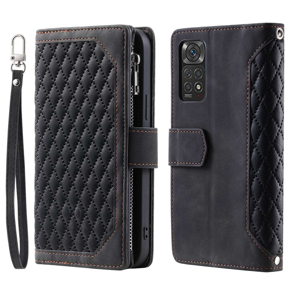 Smartphone-skal i 005-stil för Xiaomi Redmi Note 11 4G (Qualcomm) / Note 11S 4G, PU-läder med rombmönster, dragkedja, stativ, plånboksfodral med rem