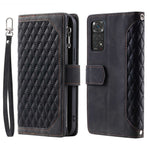 005 Style PU Leather Phone Cover for Xiaomi Redmi Note 12 Pro 4G / Note 11 Pro 4G (Mediatek) / 11 Pro 5G (Qualcomm), Rhombus Texture Zipper Pocket Shell Stand Wallet Case with Strap