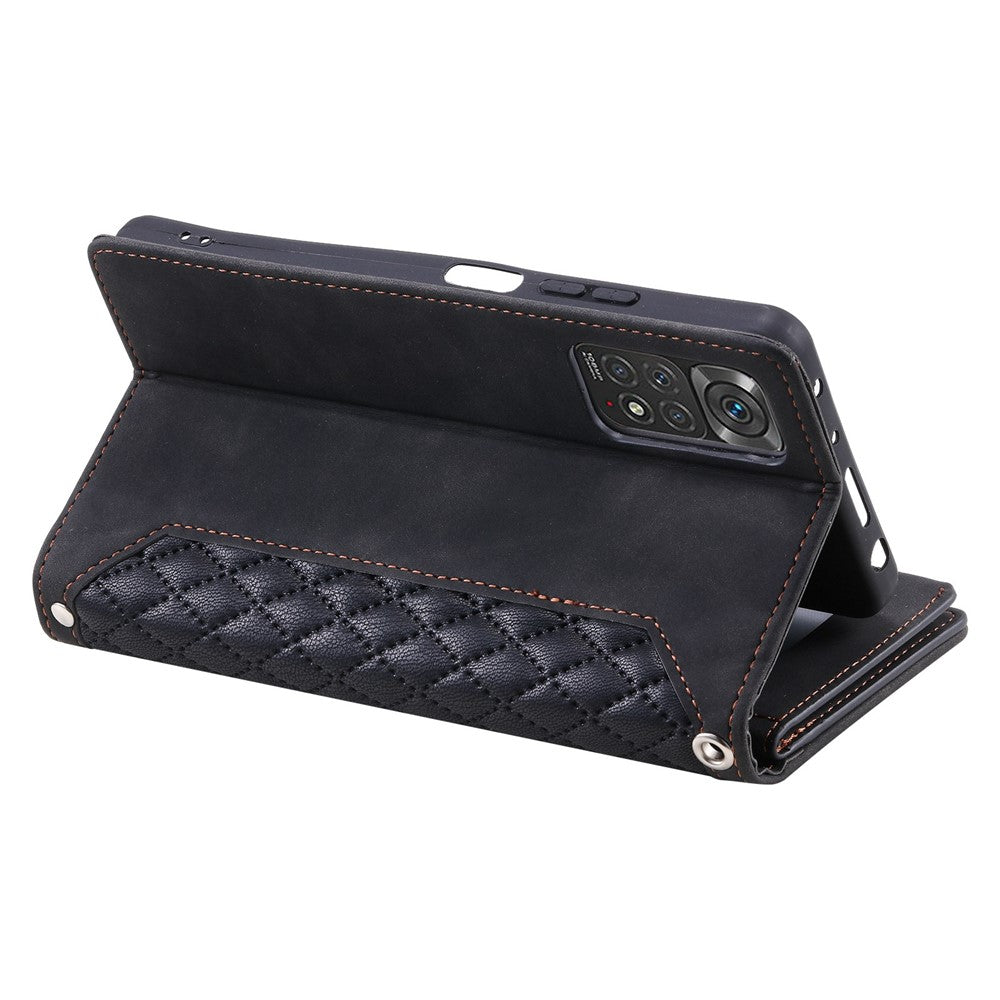 005 Style PU Leather Phone Cover for Xiaomi Redmi Note 12 Pro 4G / Note 11 Pro 4G (Mediatek) / 11 Pro 5G (Qualcomm), Rhombus Texture Zipper Pocket Shell Stand Wallet Case with Strap