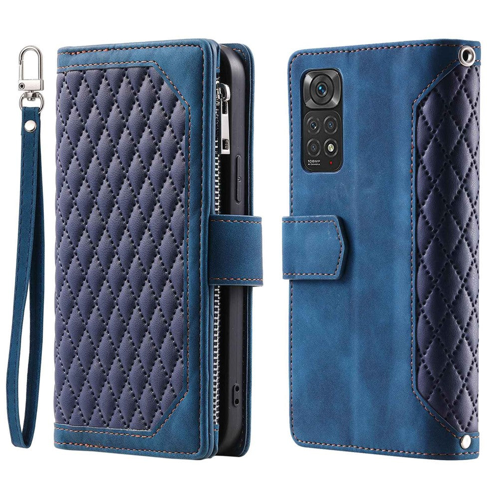 005 Style PU Leather Phone Cover for Xiaomi Redmi Note 12 Pro 4G / Note 11 Pro 4G (Mediatek) / 11 Pro 5G (Qualcomm), Rhombus Texture Zipper Pocket Shell Stand Wallet Case with Strap