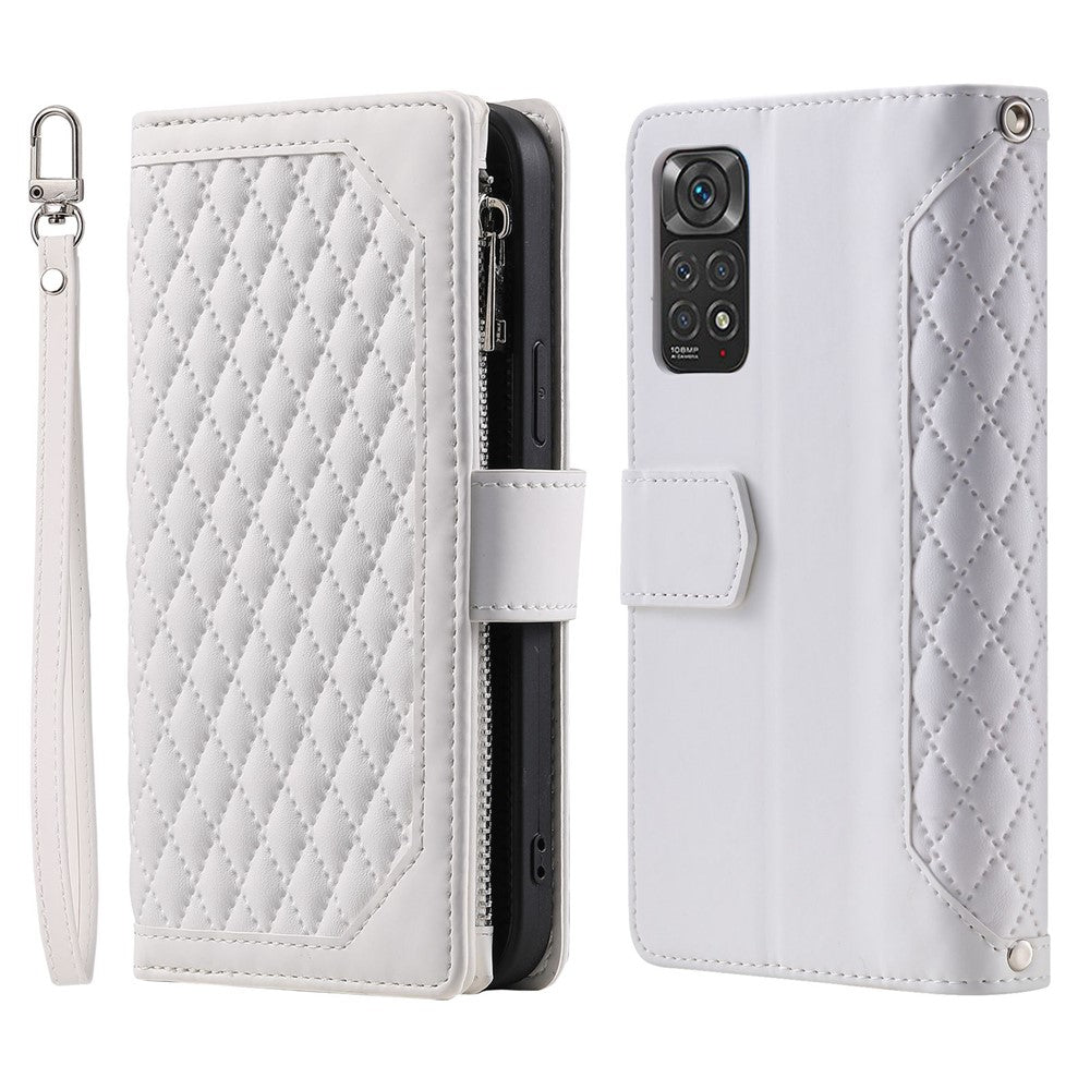 005 Style PU Leather Phone Cover for Xiaomi Redmi Note 12 Pro 4G / Note 11 Pro 4G (Mediatek) / 11 Pro 5G (Qualcomm), Rhombus Texture Zipper Pocket Shell Stand Wallet Case with Strap