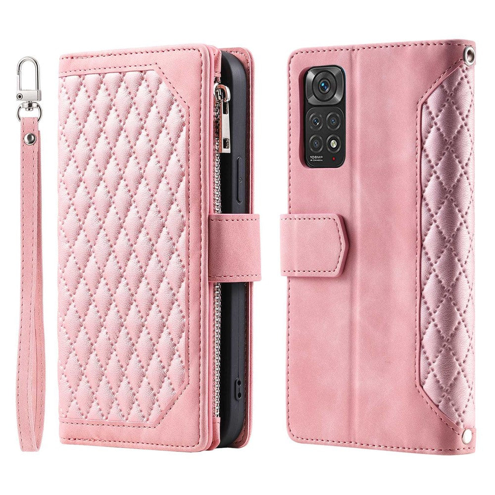 005 Style PU Leather Phone Cover for Xiaomi Redmi Note 12 Pro 4G / Note 11 Pro 4G (Mediatek) / 11 Pro 5G (Qualcomm), Rhombus Texture Zipper Pocket Shell Stand Wallet Case with Strap