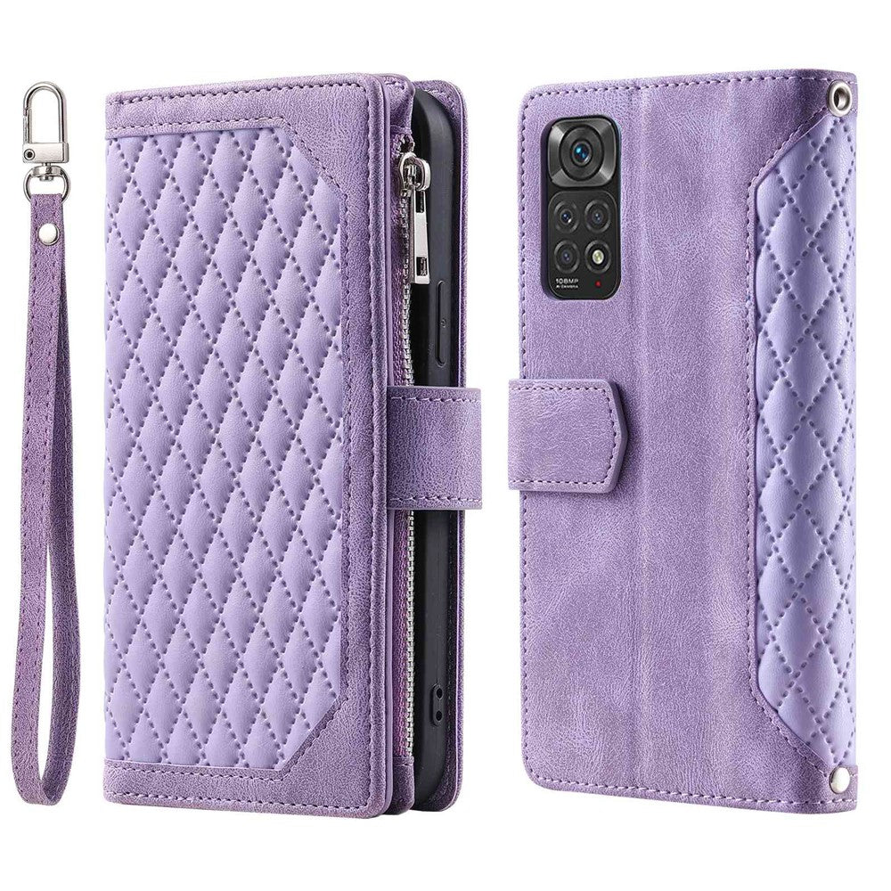 005 Style PU Leather Phone Cover for Xiaomi Redmi Note 12 Pro 4G / Note 11 Pro 4G (Mediatek) / 11 Pro 5G (Qualcomm), Rhombus Texture Zipper Pocket Shell Stand Wallet Case with Strap