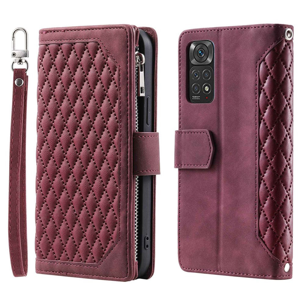 005 Style PU Leather Phone Cover for Xiaomi Redmi Note 12 Pro 4G / Note 11 Pro 4G (Mediatek) / 11 Pro 5G (Qualcomm), Rhombus Texture Zipper Pocket Shell Stand Wallet Case with Strap