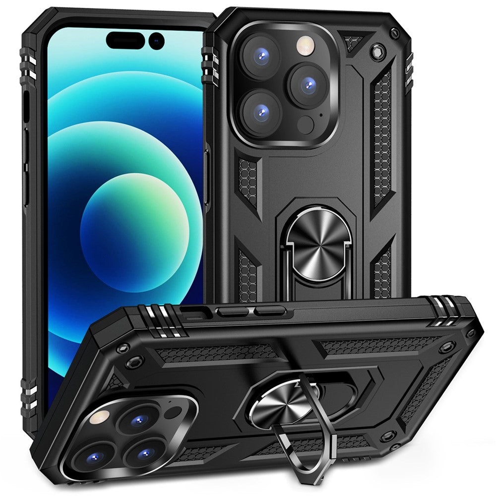 For iPhone 14 Pro Max 6.7 inch Rotary Kickstand Phone Case Soft TPU Hard PC Back Cover with Built-in Metal Sheet