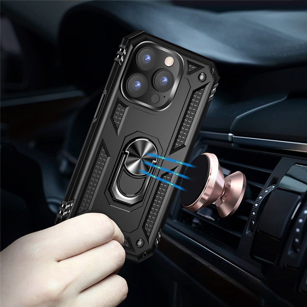 For iPhone 14 Pro Max 6.7 inch Rotary Kickstand Phone Case Soft TPU Hard PC Back Cover with Built-in Metal Sheet