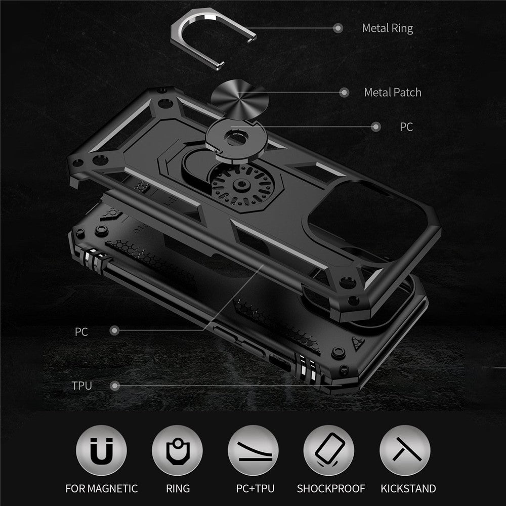 For iPhone 14 Pro Max 6.7 inch Rotary Kickstand Phone Case Soft TPU Hard PC Back Cover with Built-in Metal Sheet