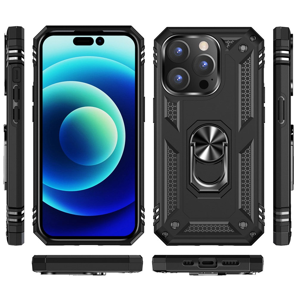 For iPhone 14 Pro Max 6.7 inch Rotary Kickstand Phone Case Soft TPU Hard PC Back Cover with Built-in Metal Sheet