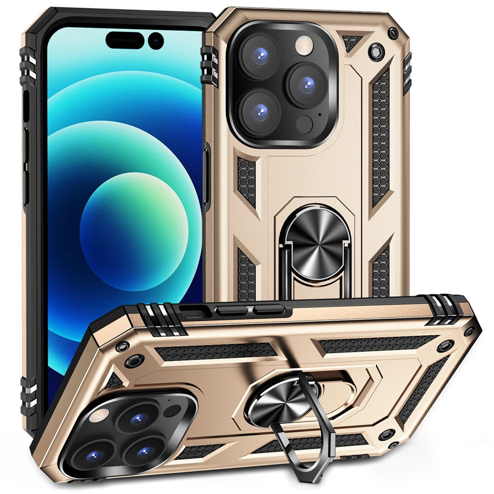 For iPhone 14 Pro Max 6.7 inch Rotary Kickstand Phone Case Soft TPU Hard PC Back Cover with Built-in Metal Sheet