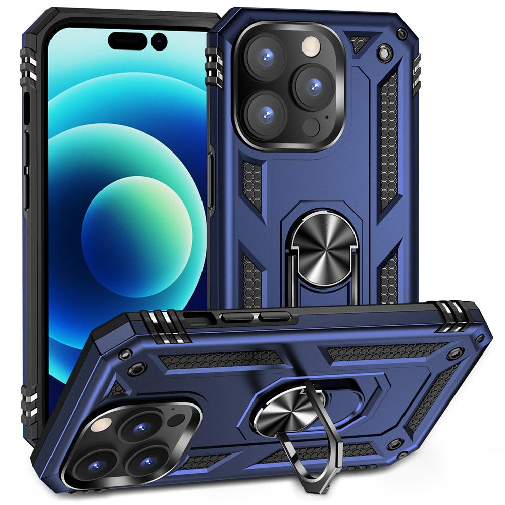 For iPhone 14 Pro Max 6.7 inch Rotary Kickstand Phone Case Soft TPU Hard PC Back Cover with Built-in Metal Sheet