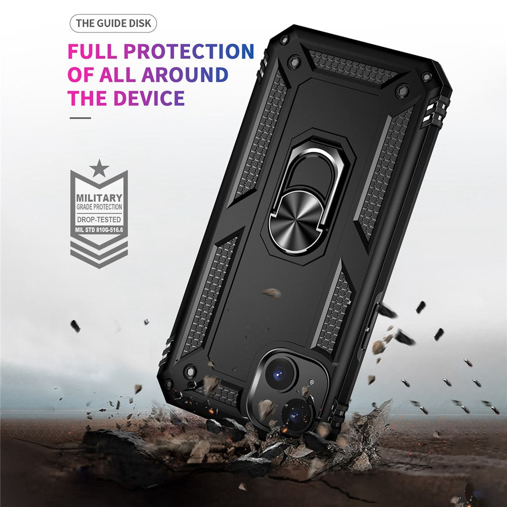 For iPhone 14 Plus 6.7 inch Ring Kickstand Hybrid TPU + PC Case Anti-drop Phone Cover with Car Mount Metal Sheet