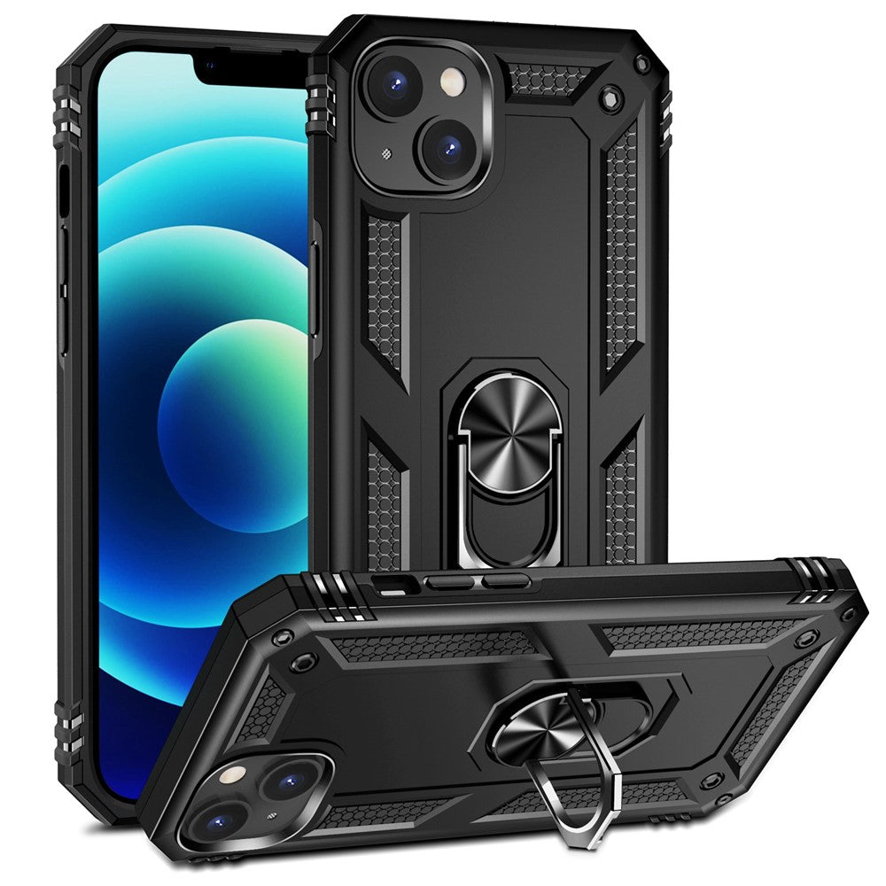 For iPhone 14 6.1 inch Military Grade Shockproof TPU + PC Kickstand Phone Case Protector with Car Mount Metal Sheet