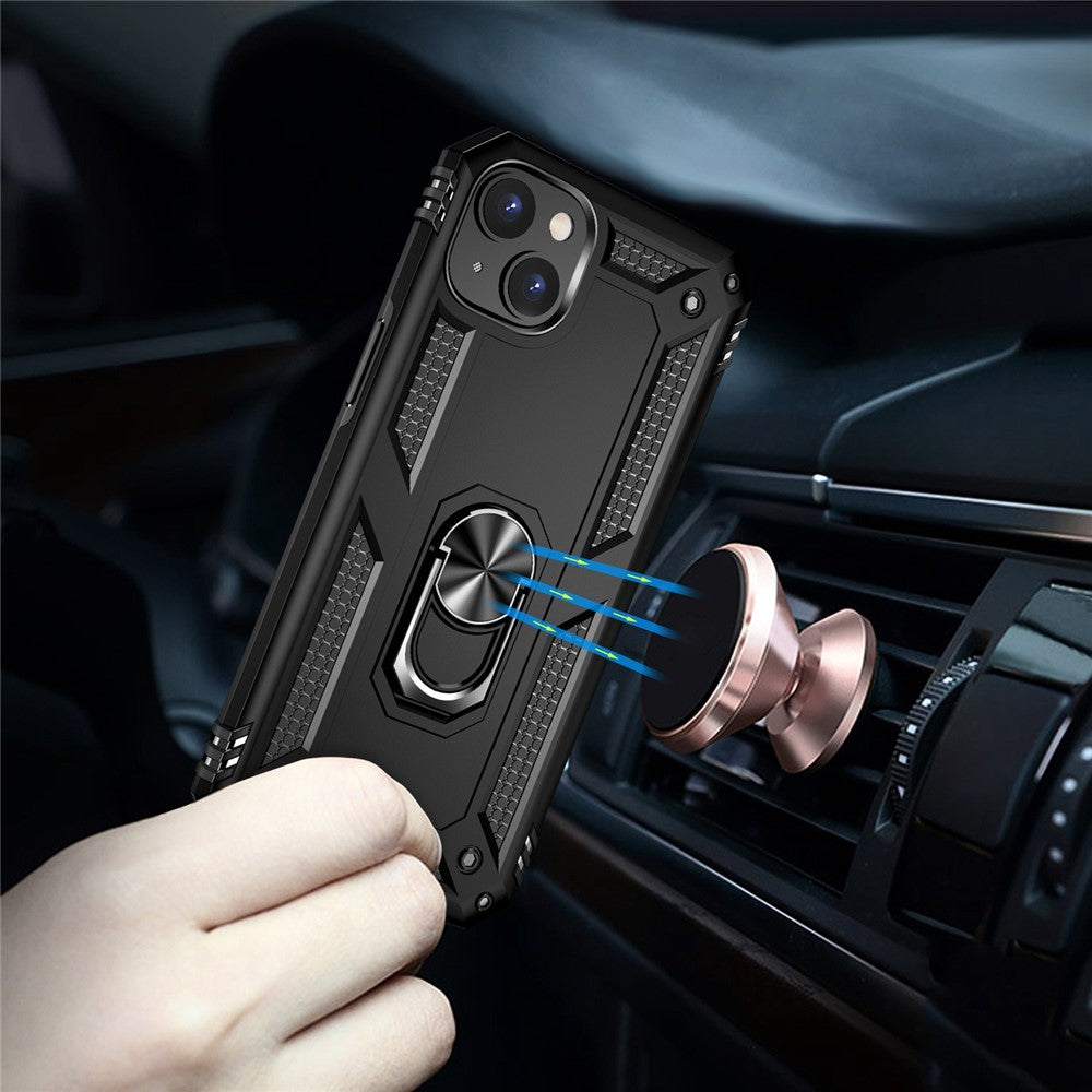 For iPhone 14 6.1 inch Military Grade Shockproof TPU + PC Kickstand Phone Case Protector with Car Mount Metal Sheet