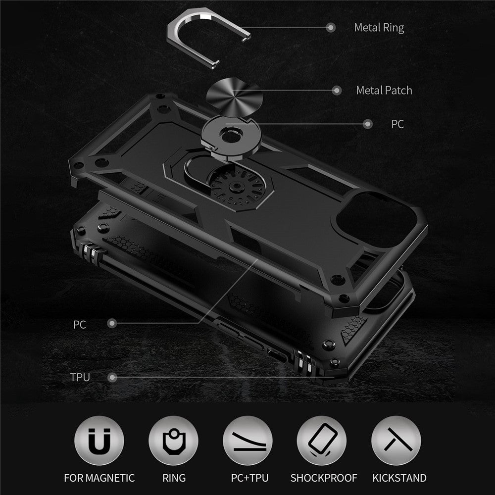 For iPhone 14 6.1 inch Military Grade Shockproof TPU + PC Kickstand Phone Case Protector with Car Mount Metal Sheet