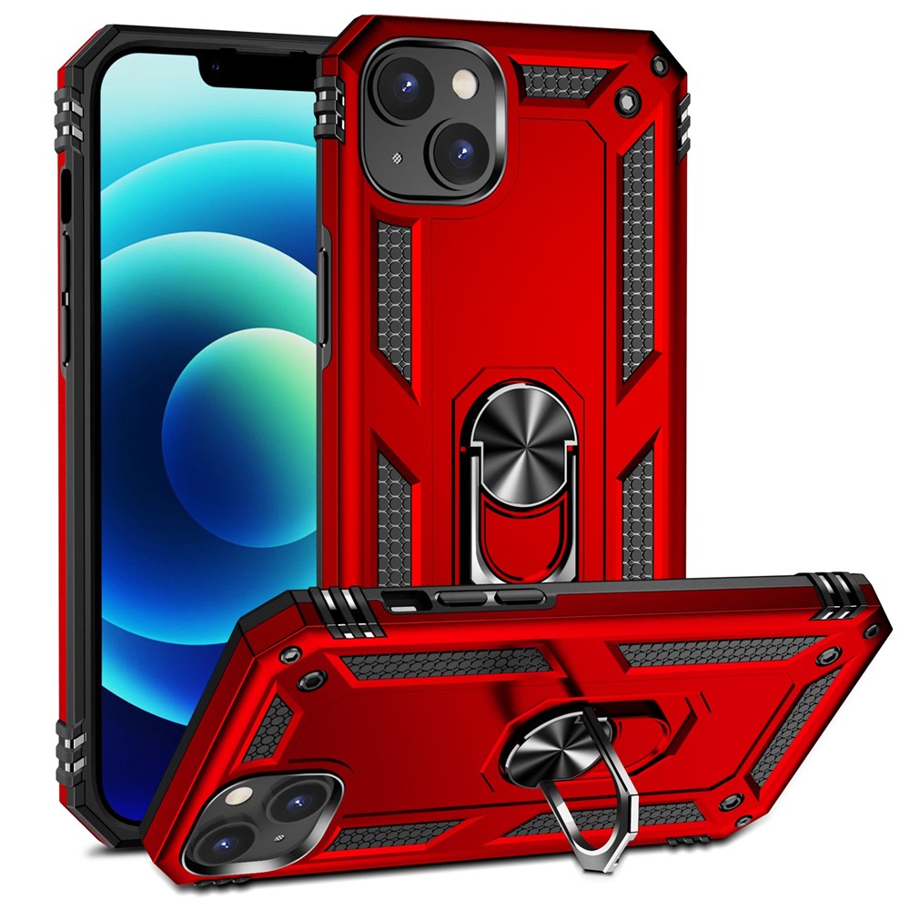 For iPhone 14 6.1 inch Military Grade Shockproof TPU + PC Kickstand Phone Case Protector with Car Mount Metal Sheet
