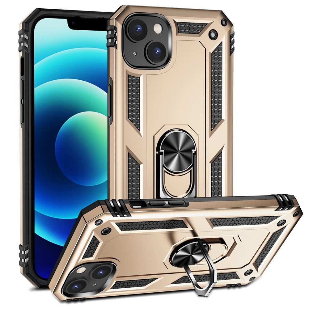 For iPhone 14 6.1 inch Military Grade Shockproof TPU + PC Kickstand Phone Case Protector with Car Mount Metal Sheet