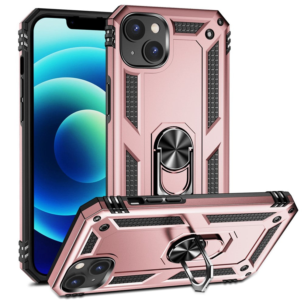 For iPhone 14 6.1 inch Military Grade Shockproof TPU + PC Kickstand Phone Case Protector with Car Mount Metal Sheet