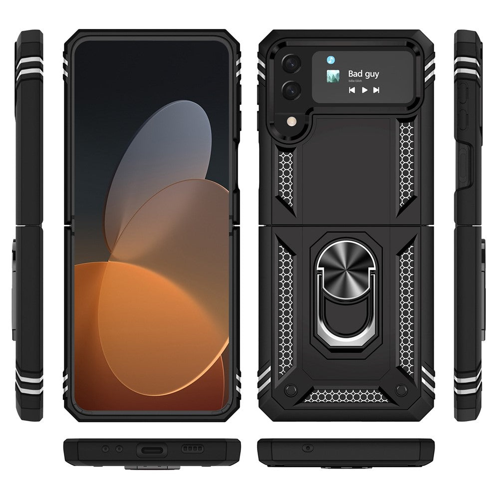 For Samsung Galaxy Z Flip4 5G Military Grade Protection Phone Case TPU + PC Kickstand Cover with Built-in Metal Sheet