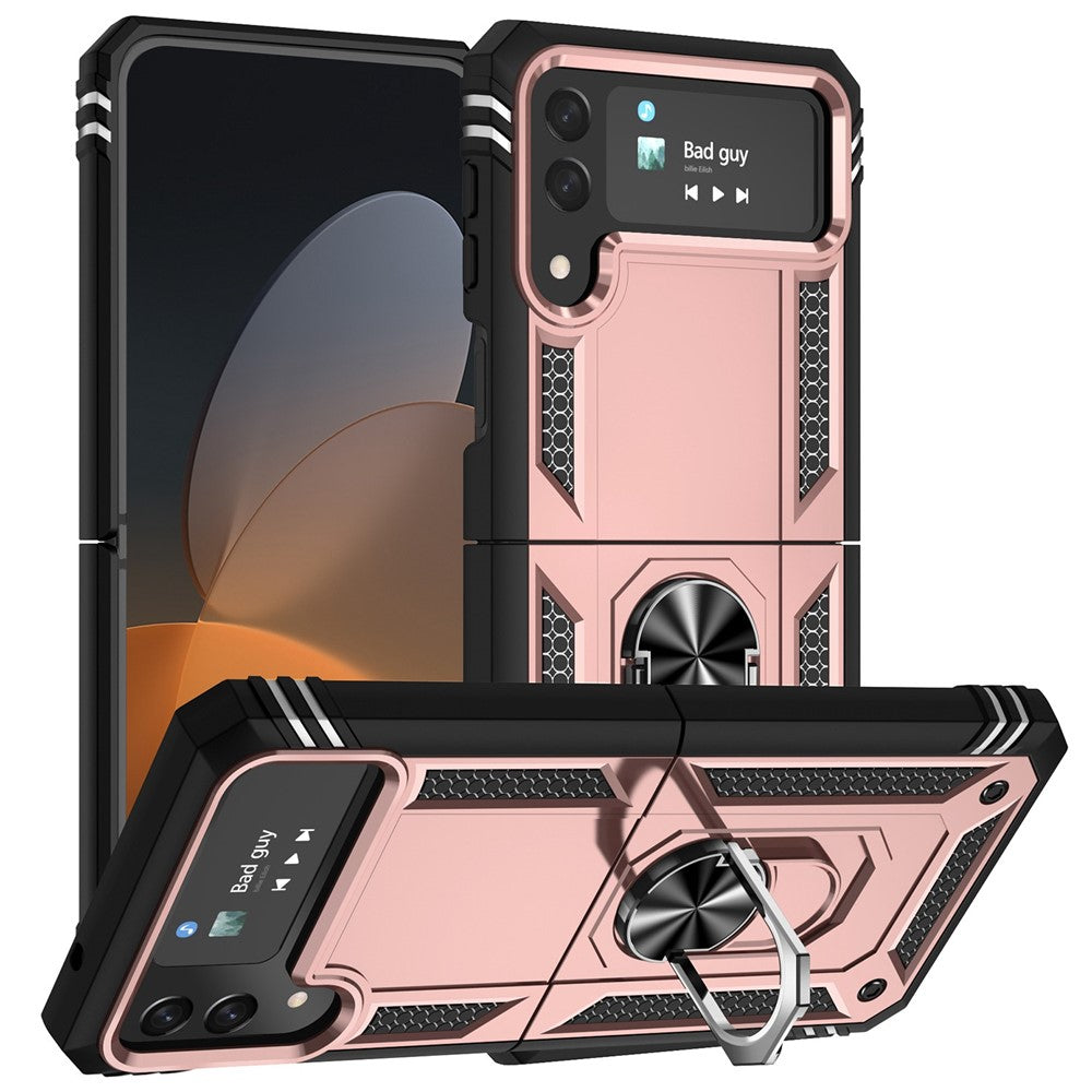 For Samsung Galaxy Z Flip4 5G Military Grade Protection Phone Case TPU + PC Kickstand Cover with Built-in Metal Sheet