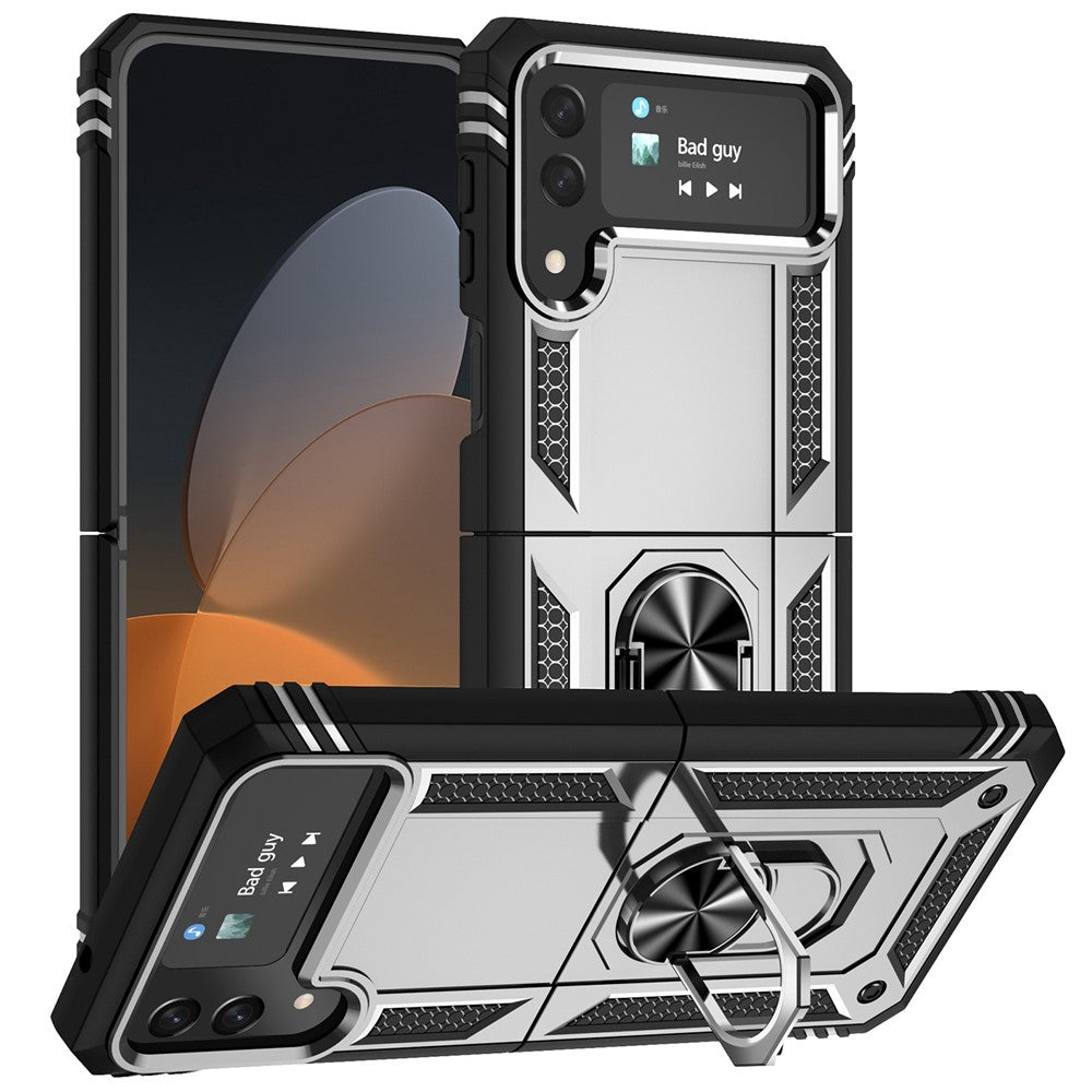 For Samsung Galaxy Z Flip4 5G Military Grade Protection Phone Case TPU + PC Kickstand Cover with Built-in Metal Sheet