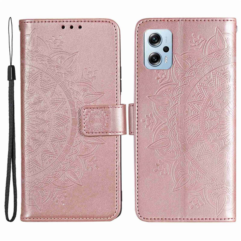 Xiaomi Redmi Note 11T Pro 5G / Note 11T Pro+ 5G / Note 12T Pro 5G / Poco X4 GT 5G / Redmi K50i 5G Plånboksfodral Präglat Mandala Blommönster PU-läder Stativ Magnetiskt Flipfodral med Rem