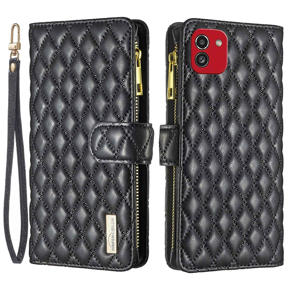 BINFEN COLOR för Samsung Galaxy A03 (166,5 mm) Imprint Rhombus Blixtlåsficka mobilskal PU-läder Plånboksfodral