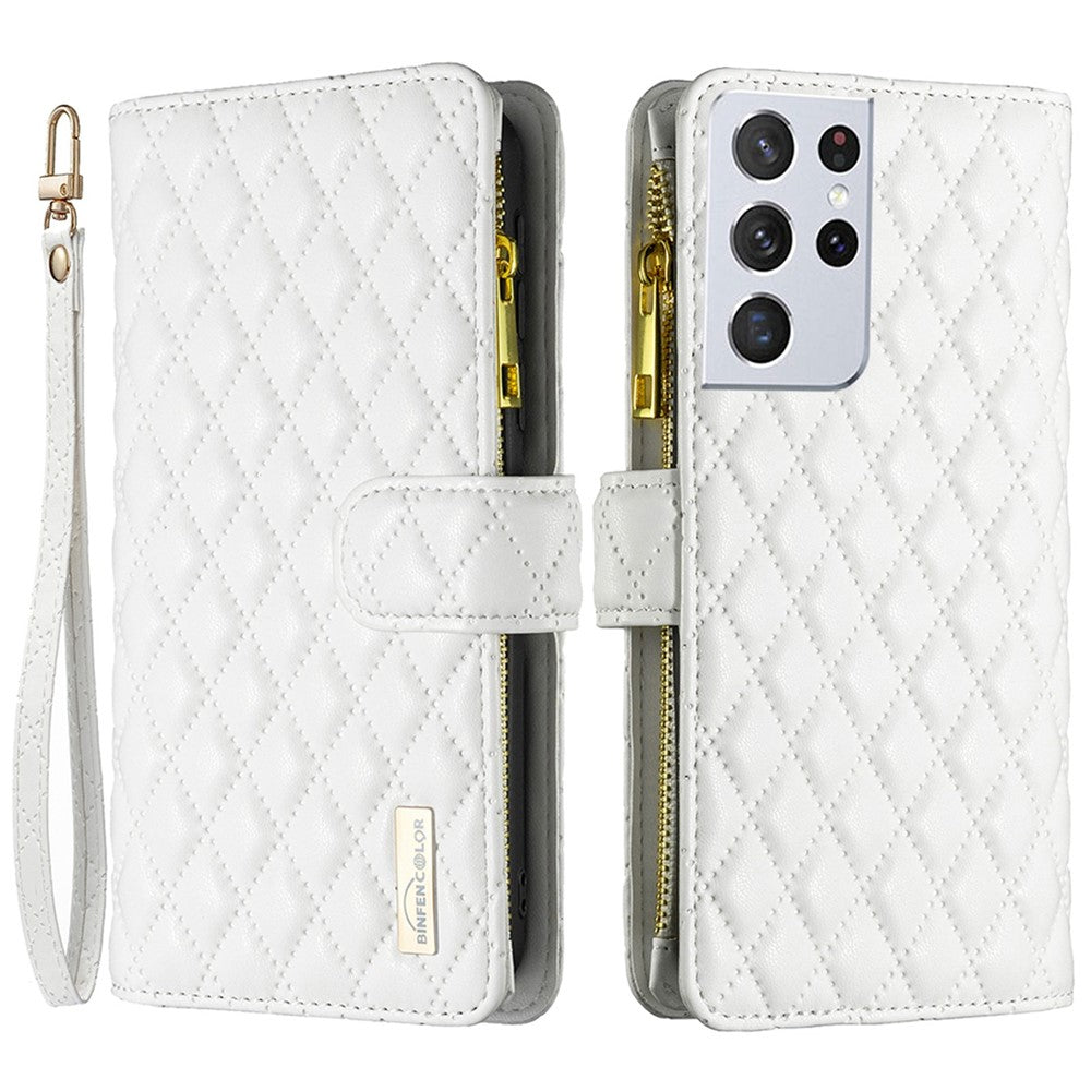 BINFEN COLOR BF Style-15 for Samsung Galaxy S21 Ultra 5G Rhombus Pattern Imprinted Stand Leather Case Matte Protective Phone Cover with Wallet Zipper Pocket