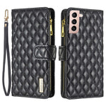 BINFEN COLOR BF Style-15 for Samsung Galaxy S21 4G / 5G Rhombus Pattern Imprinted Matte PU Leather TPU Case Stand Wallet Zipper Pocket Phone Shell Protector