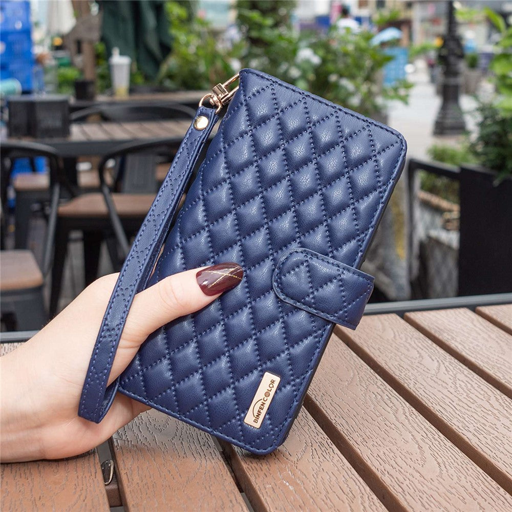 BINFEN COLOR BF Style-15 for Samsung Galaxy S21 4G / 5G Rhombus Pattern Imprinted Matte PU Leather TPU Case Stand Wallet Zipper Pocket Phone Shell Protector