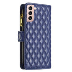 BINFEN COLOR BF Style-15 for Samsung Galaxy S21 4G / 5G Rhombus Pattern Imprinted Matte PU Leather TPU Case Stand Wallet Zipper Pocket Phone Shell Protector