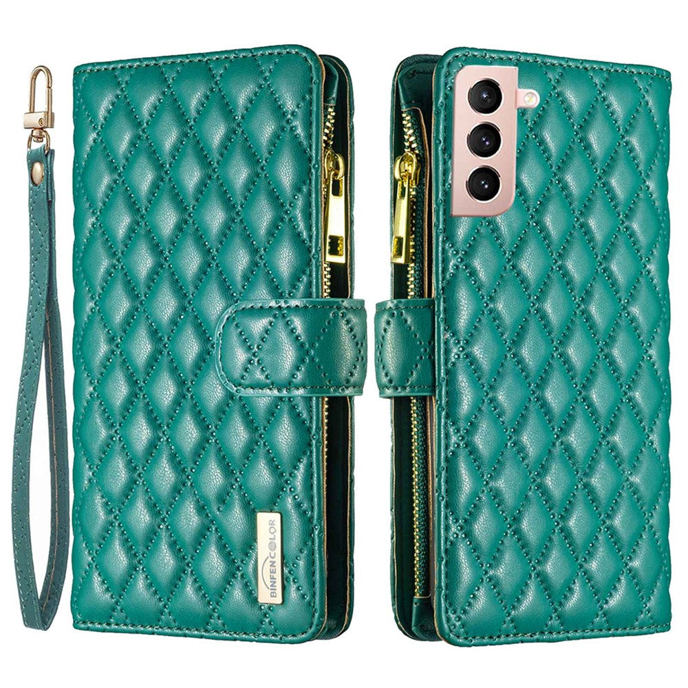 BINFEN COLOR BF Style-15 for Samsung Galaxy S21 4G / 5G Rhombus Pattern Imprinted Matte PU Leather TPU Case Stand Wallet Zipper Pocket Phone Shell Protector