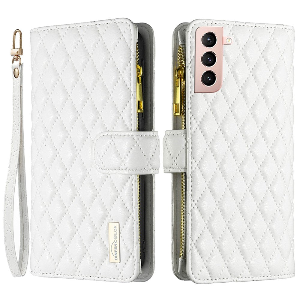 BINFEN COLOR BF Style-15 for Samsung Galaxy S21 4G / 5G Rhombus Pattern Imprinted Matte PU Leather TPU Case Stand Wallet Zipper Pocket Phone Shell Protector