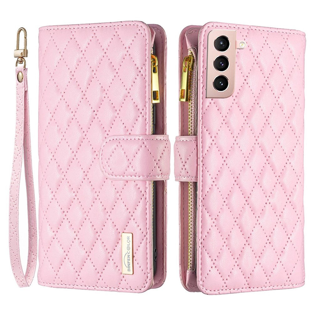 BINFEN COLOR BF Style-15 for Samsung Galaxy S21 4G / 5G Rhombus Pattern Imprinted Matte PU Leather TPU Case Stand Wallet Zipper Pocket Phone Shell Protector
