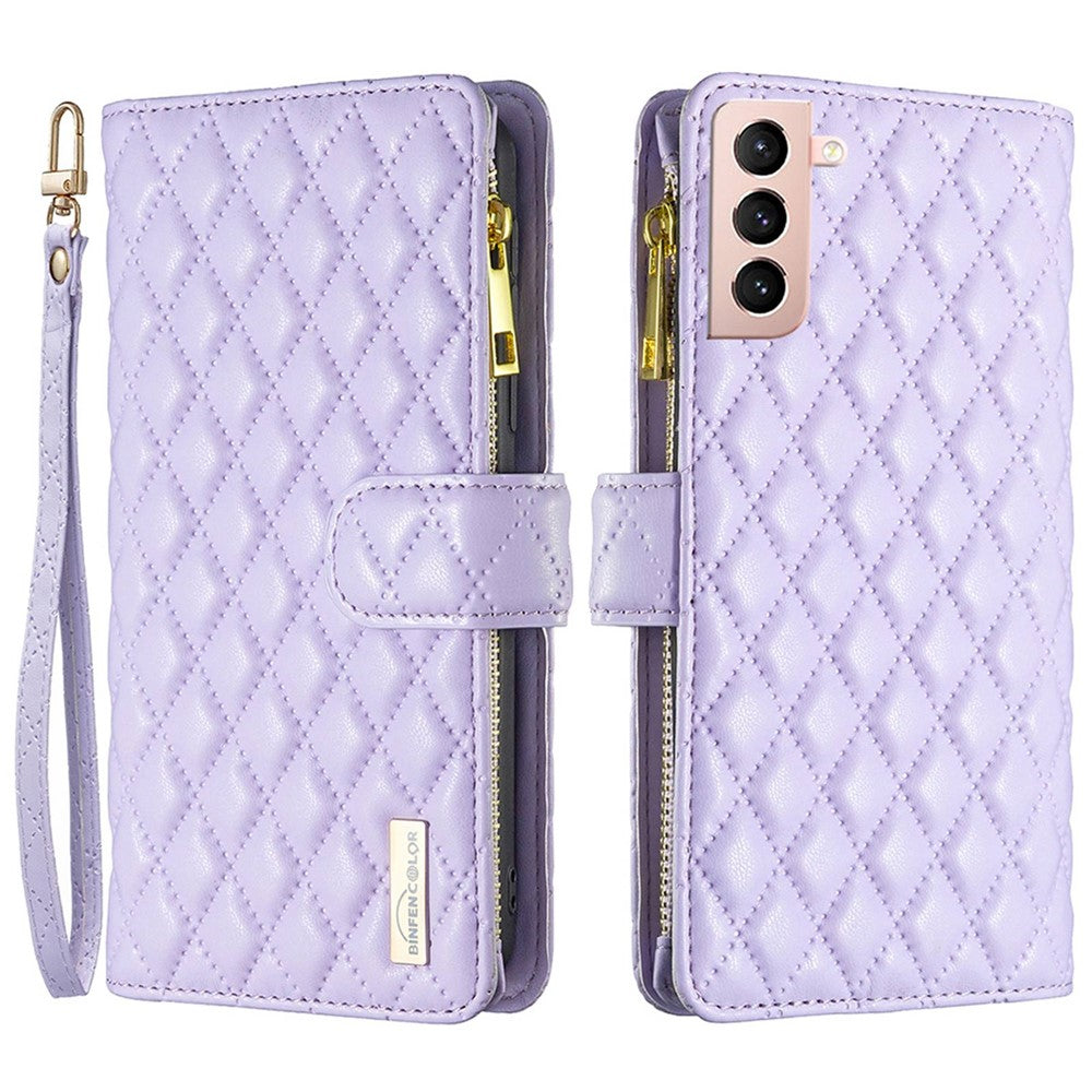 BINFEN COLOR BF Style-15 for Samsung Galaxy S21 4G / 5G Rhombus Pattern Imprinted Matte PU Leather TPU Case Stand Wallet Zipper Pocket Phone Shell Protector