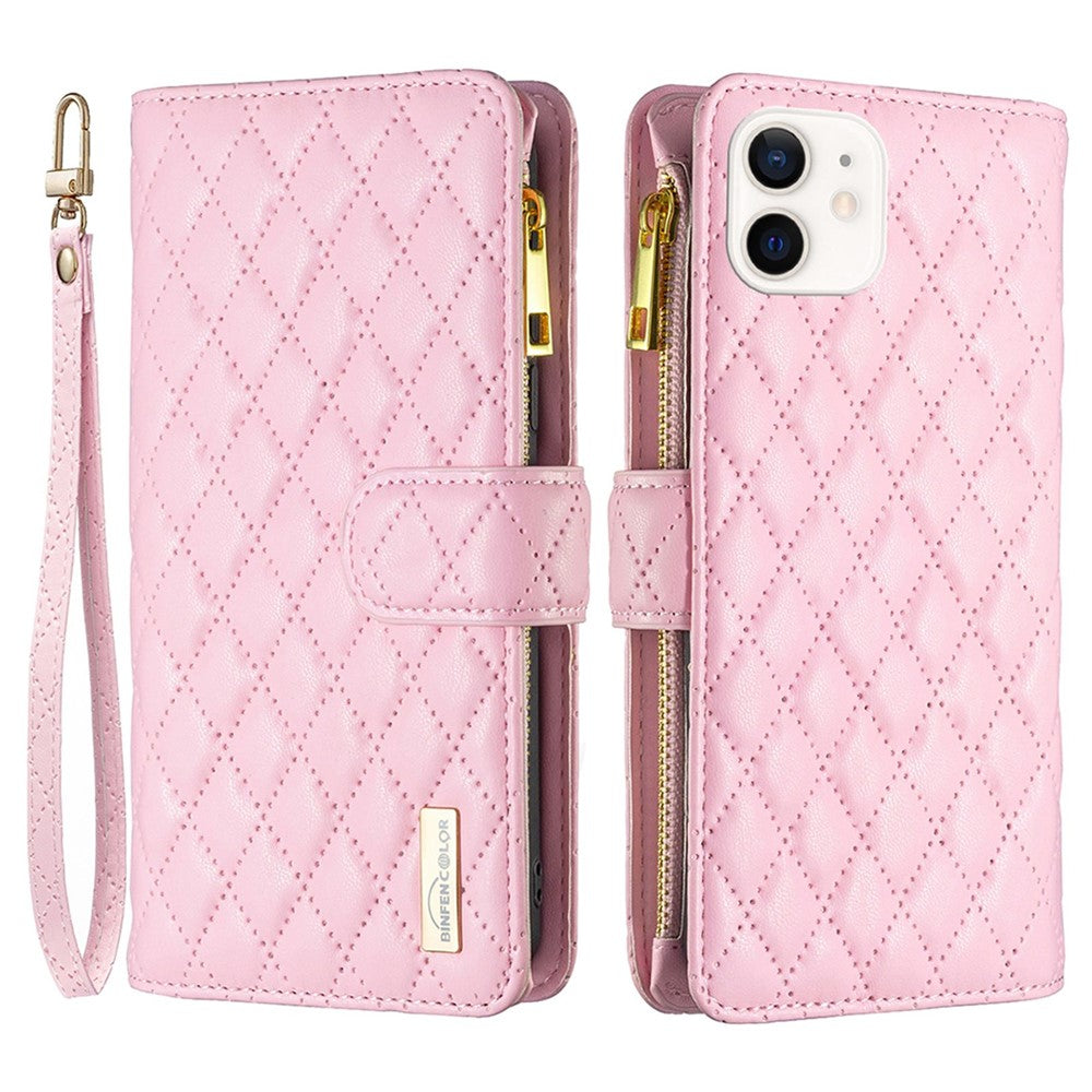 BINFEN COLOR BF Style-15 til iPhone 12 mini 5.4 tommer Telefoncover i Mat PU-læder med Lynlåslomme, Præget Rombemønster og Tegnebogsstander