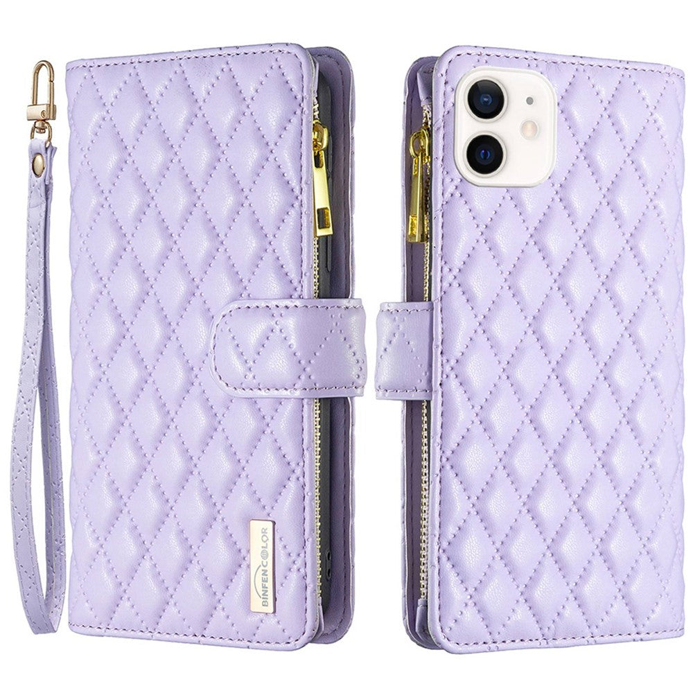 BINFEN COLOR BF Style-15 til iPhone 12 mini 5.4 tommer Telefoncover i Mat PU-læder med Lynlåslomme, Præget Rombemønster og Tegnebogsstander