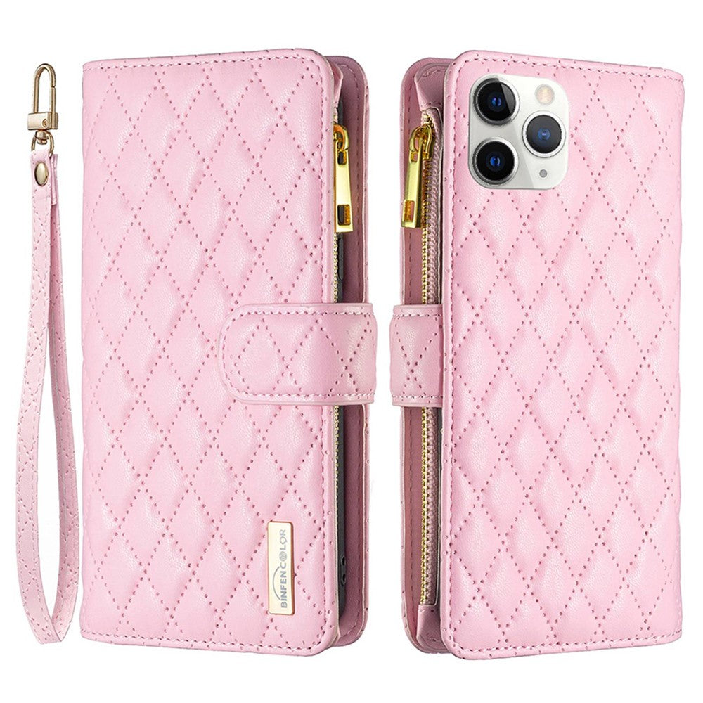 BINFEN COLOR BF Style-15 til iPhone 11 Pro Max 6,5 tommer lynlåslomme PU-læder stander-pung-telefoncover med præget rombemønster og mat overflade