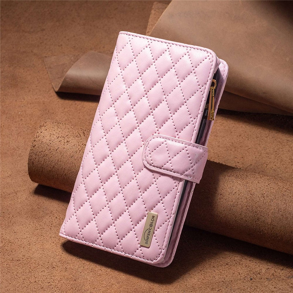 BINFEN COLOR BF Style-15 for iPhone 11 Pro 5.8 inch Zipper Pocket Stand Wallet PU Leather Shell Imprinting Rhombus Pattern Matte Phone Case