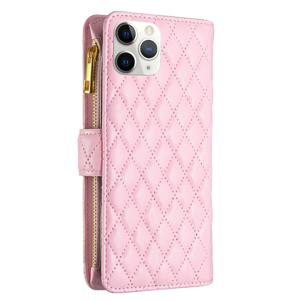 BINFEN COLOR BF Style-15 for iPhone 11 Pro 5.8 inch Zipper Pocket Stand Wallet PU Leather Shell Imprinting Rhombus Pattern Matte Phone Case