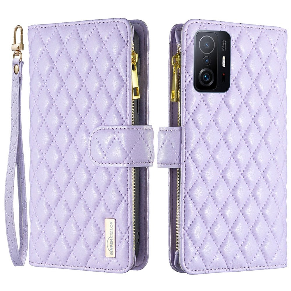 BINFEN COLOR BF Style-15 för Xiaomi 11T 5G / 11T Pro 5G Matt PU-läder Stativskal Plånboksstil Blixtlåsficka Rombmönster Präglat mobilskal