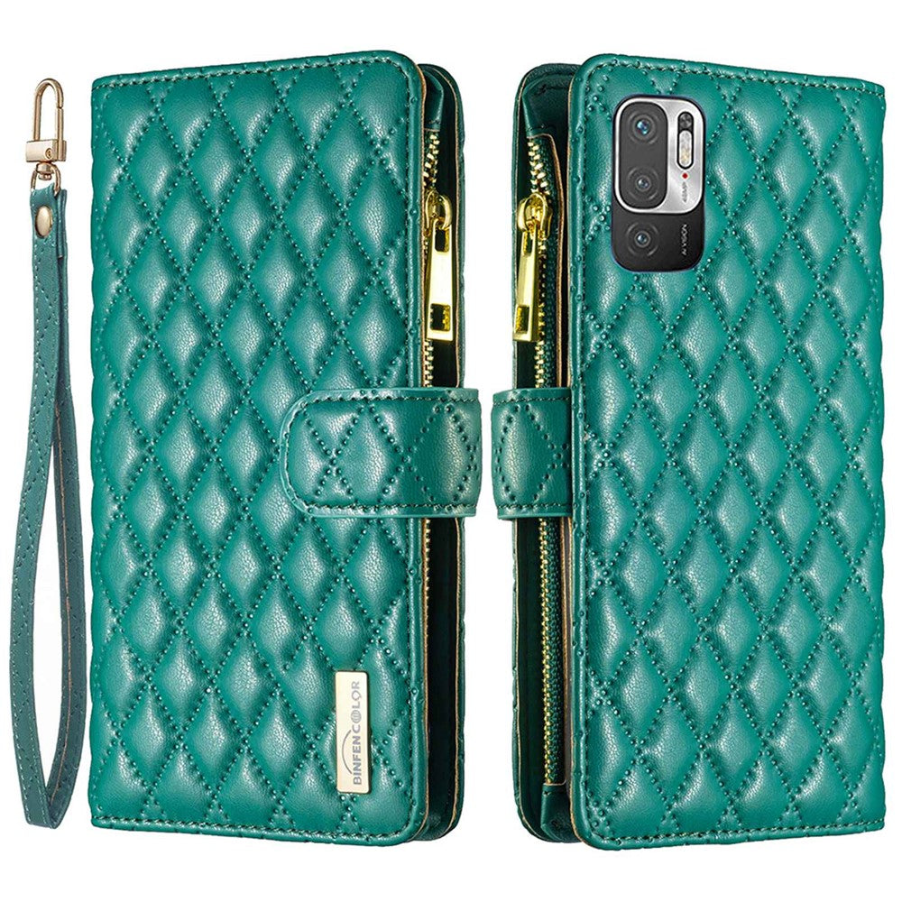 BINFEN COLOR for Xiaomi Poco M3 Pro 4G / 5G / Redmi Note 10 5G / Note 10T 5G BF Style-15 Zipper Pocket Design Imprinted Rhombus Pattern Anti-shock Matte PU Leather Wallet Magnetic Phone Case