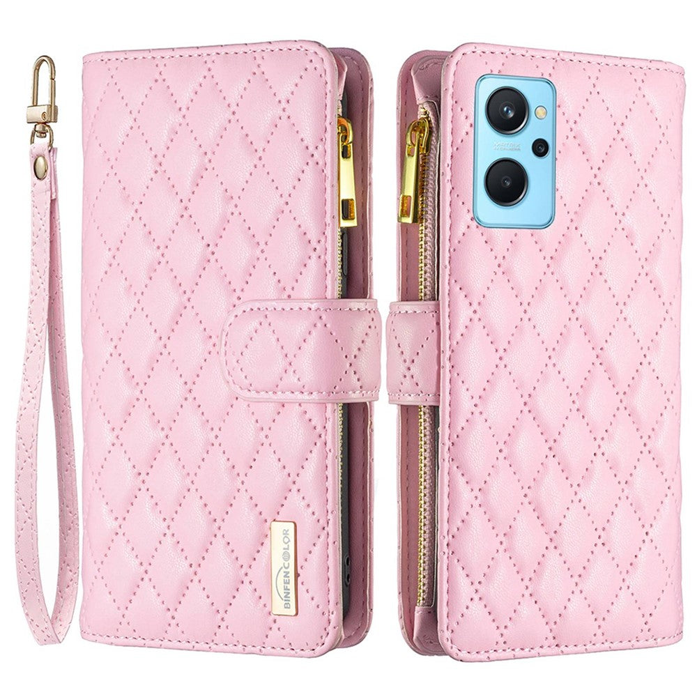 BINFEN COLOR for Oppo A76 4G / A36 4G / K10 4G / A96 4G / Realme 9i BF Style-15 Protective Phone Case Imprinted Rhombus Pattern Matte PU Leather Wallet Stand Shell with Zipper Pocket
